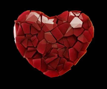 Heart made of plastic shards red color isolated on black background. 3d Illustrazione stock