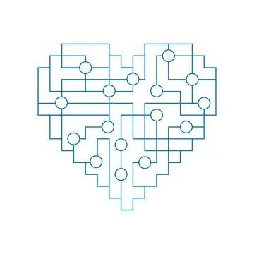 Heart made from printed linear circuit board. Vector geometric logo Stock Illustration