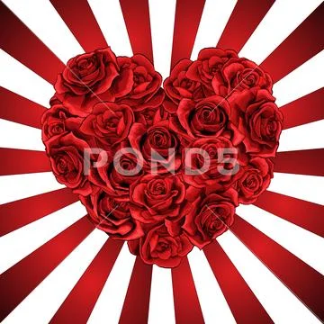 Heart made of red roses in photorealistic detailed style, clean vector on beams Stock Illustration