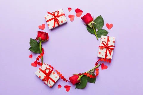 Heart made of rose, git box, heart and blank greeting card mockup on Colored  写真素材