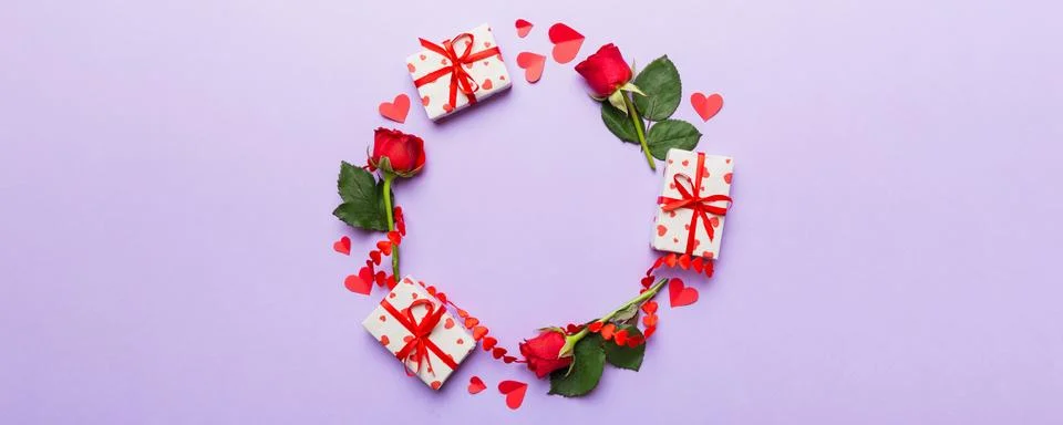 Heart made of rose, git box, heart and blank greeting card mockup on Colored  写真素材