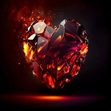 Heart made of ruby on fire isolated on black background. Stock Illustration