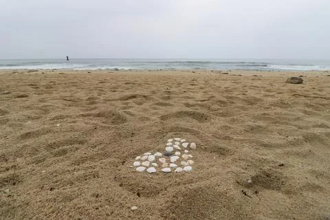 Heart made of seashells found at empty sandy beach on a cloudy day Stock Photos