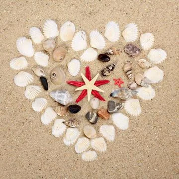 Heart made with shells. Heart shape on sand heart made with shells. Heart ... Stock-Fotos