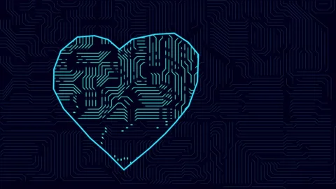 Heart with microcircuit texture. Movement of information according to the scheme Stock Footage 237594413
