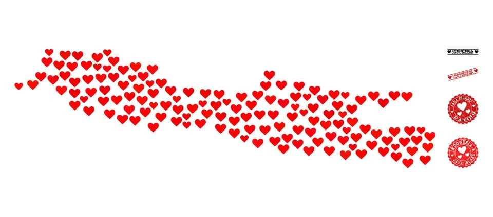 Heart Mosaic Map of Java Island and Grunge Stamps for Valentines Ilustração Stock