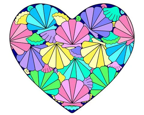 Heart with multi-colored seashells scallops - vector linear illustration. Stock Illustration