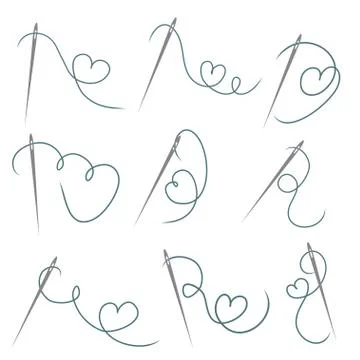 Heart with a needle thread icon for design on white, set of different form of Stock Illustration