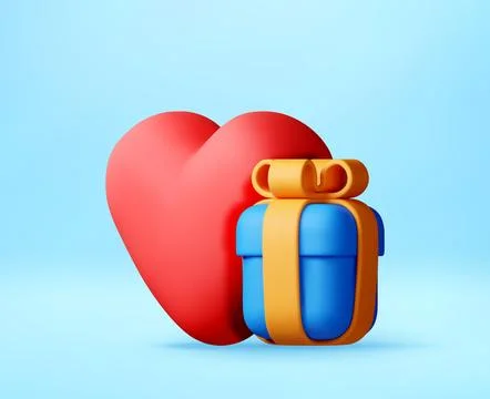 Heart next to blue gift box with ribbon in 3d Stock Illustration