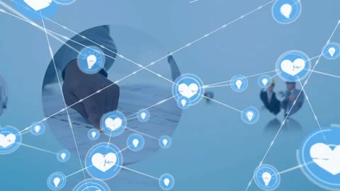 Heart node pulsing, sending heart+bulb icons linking spheres around teams Stock Footage 331085227