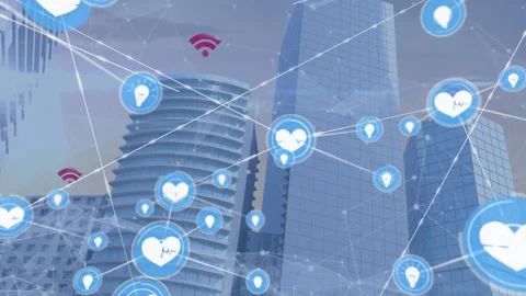 Heart node spawning network across city skyline, linking buildings with hearts, Video stock 330330762