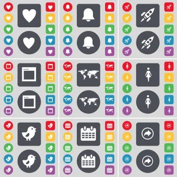 Heart, Note, Rocket, Window, Globe, Silhouette, Bird, Calendar, Back icon symbol Stock Illustration