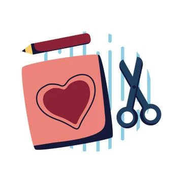 Heart on note scissor and pencil flat style icon vector design Stock Illustration