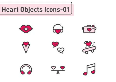 Heart objects filled line icon set isolated on white background ep01 Stock Illustration