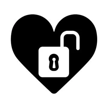 Heart open lock vector icon. Black and white love illustration. Solid linear Stock Illustration