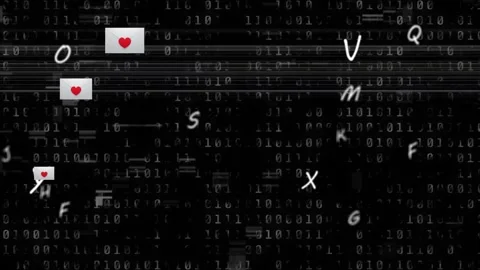 Heart over multiple message icons and and letters floating over binary coding on Video stock 158398269