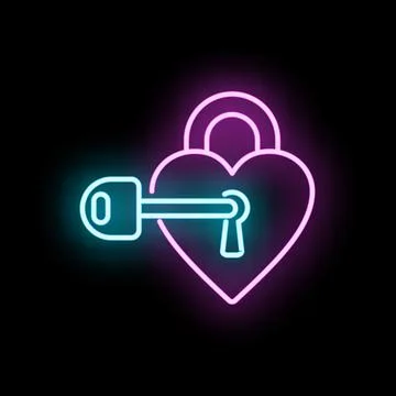 Heart padlock and key neon glowing concept Stock Illustration