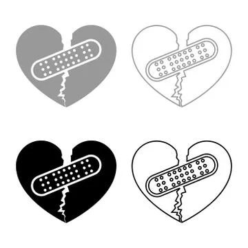 Heart with patch connecting two halves icon outline set black grey color vect 스톡 일러스트