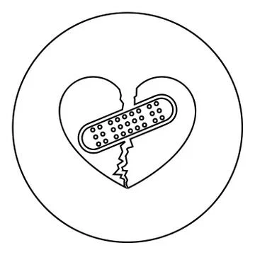 Heart with patch connecting two halves icon in circle round outline black col Ilustración de archivo