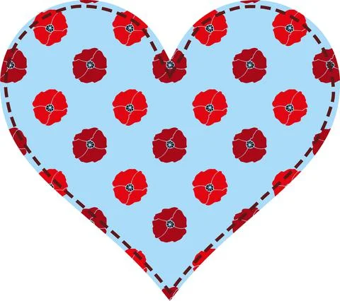 Heart in a patchwork pattern with red poppies on a blue background Stock Illustration