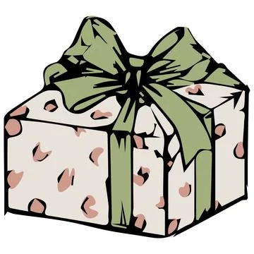 Heart Pattern Gift Box with Green Bow Stock Illustration