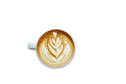 A heart pattern late-art coffee in a white clean cup on white background. Stock Photos
