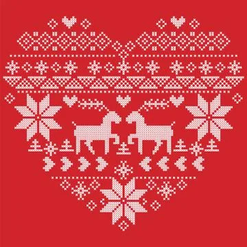 Heart pattern with reindeers.on red background Stock Illustration