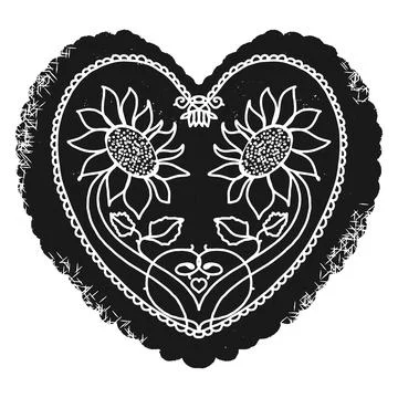 Heart with a pattern of sunflowers. Vector isolated black element for design Stock Illustration