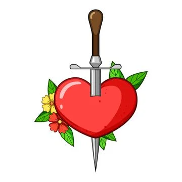 Heart pierced by dagger with floral elements artwork Stock Illustration