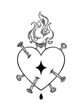 Heart pierced by nails with flame and teardrop  Sacred heart tattoo Stock-Illustration
