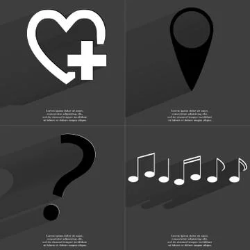 Heart with plus, Checkpoint, Question mark, Notes icon sign. Set of Symbols w Stock Illustration