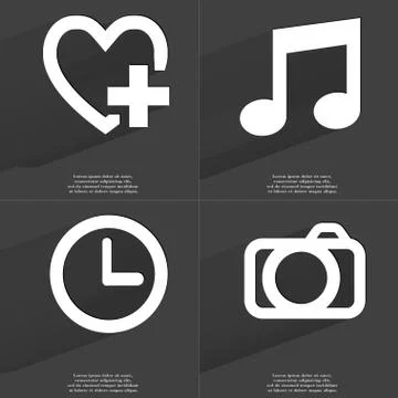 Heart plus, Note sign, Clock, Camera. Symbols with long shadow. Flat design 스톡 일러스트