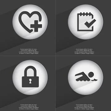 Heart with plus, Task completed, Lock, Swimmer icon sign. Set of buttons with a Illustrazione stock