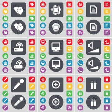 Heart, Processor, Text file, Router, Monitor, Volume, Microphone, Plus, Gift ico Stock-Illustration