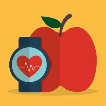 Heart with pulse inside clock and apple design Illustrazione stock