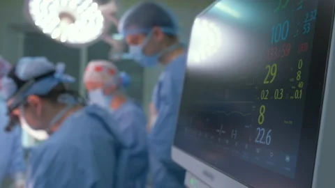 Heart rate and patient control monitor in hospital theater room during surgery Stock Footage 166321594