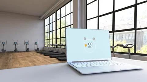 Heart rate on laptop in loft with exercise equipment, 3d rendering Stock Illustration