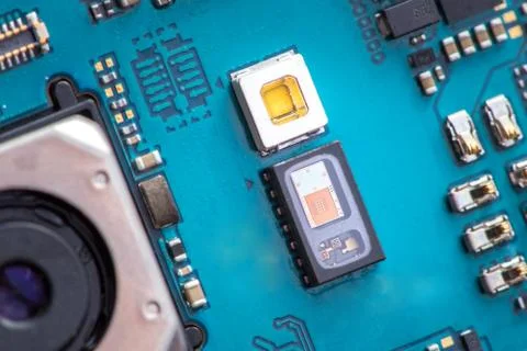 Heart rate sensor on a mobile phone main board next to led diode. Stock Photos