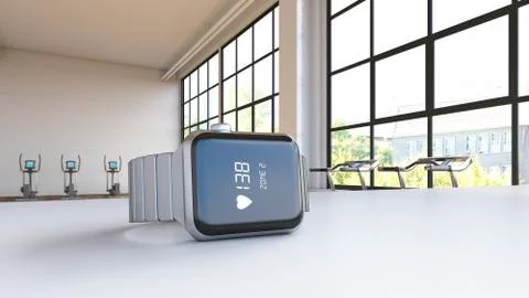 Heart rate on smartwatch in loft with exercise equipment, 3d rendering Stock Illustration