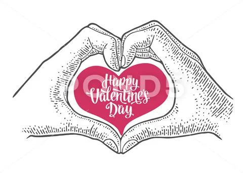 Heart with rays in open female human palms. Vector black vintage engrav ...
