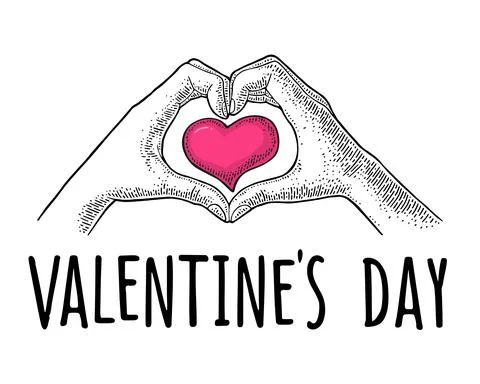 Heart with rays in open female human palms. Vector black vintage engrav Stockillustratie