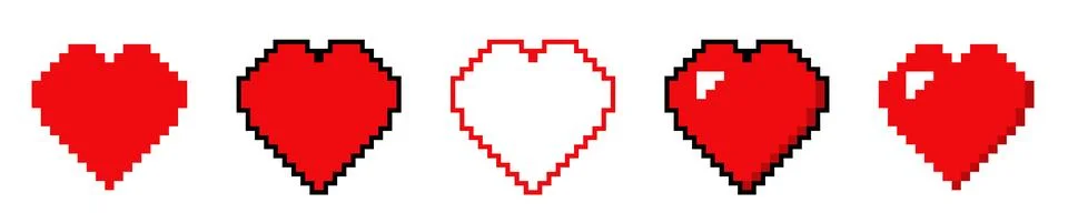Heart red 8 bit pixel icon set. Digital heart Stock Illustration