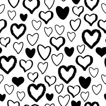 Heart romantic doodle seamless pattern with black hearts. Shape on white Illustrazione stock