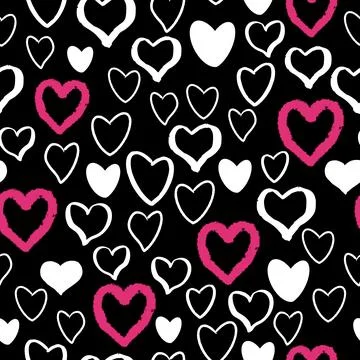 Heart romantic doodle seamless pattern with hearts. Shape on black white Illustrazione stock