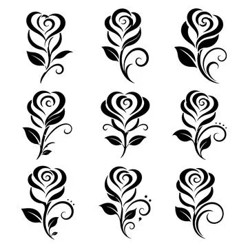 Heart Rose Flower Collection Vector | Romantic Floral Love Symbol Set Stock Illustration