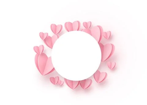 Heart round background with light pink paper hearts and circle white frame at Stock Illustration