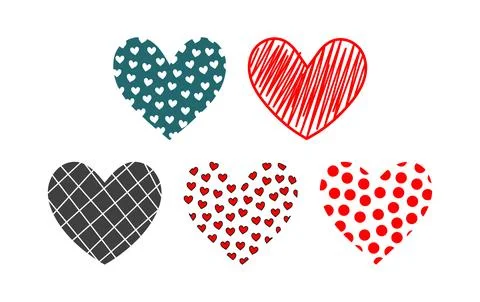 Heart scribble, polka dot, line hand drawn style icon set vector Stock Illustration