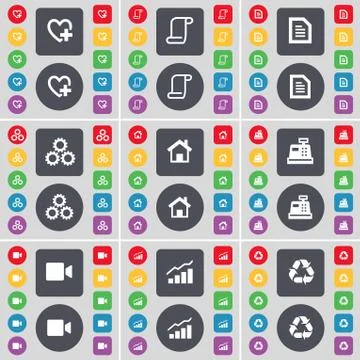 Heart, Scroll, Text file, Gear, House, Cash register, Film camera, Graph, Recycl Illustrazione stock