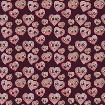 Heart seamless pattern. Cute different hearts with faces and different emotio Stock Illustration