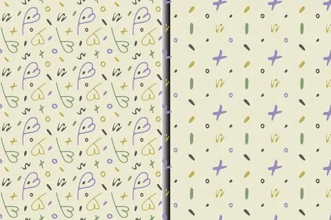 Heart seamless patterns set. Hand drawn doodle ink brush stroke, outline Stock Illustration